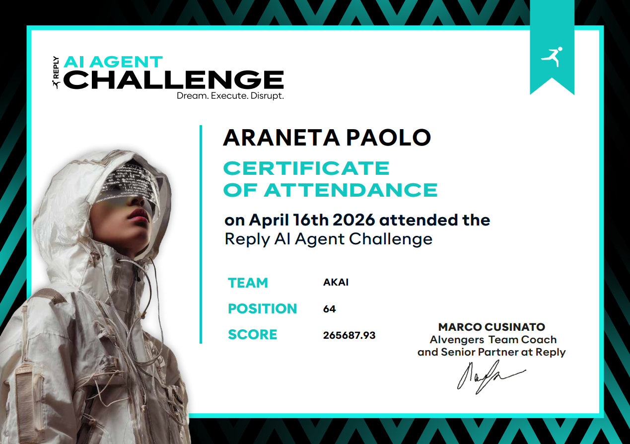 Reply AI Agent Challenge certificate preview